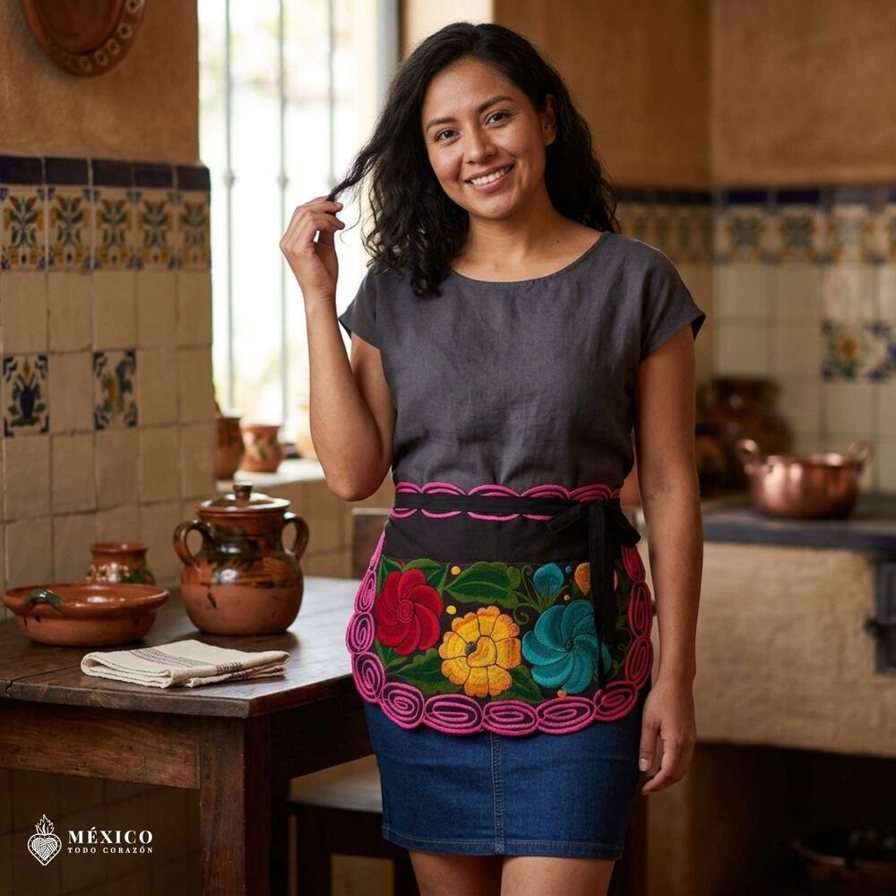 Mexican Embroidered Waist Apron – Floral Pocket Design, Traditional Tie Apron